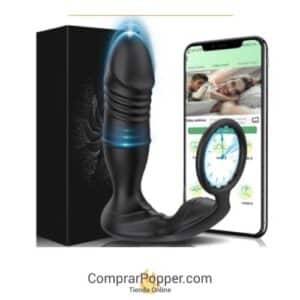 imagen del masajeador de próstata con un móvil y su app y la caja